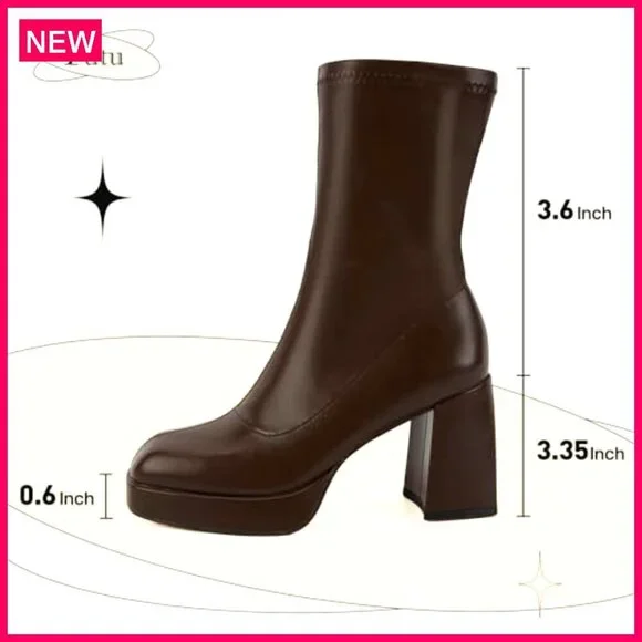 Platform Ankle Boots, Square Toe, Chunky Heel, Pull-On Design, Women's Shoes - Picture 7 of 7